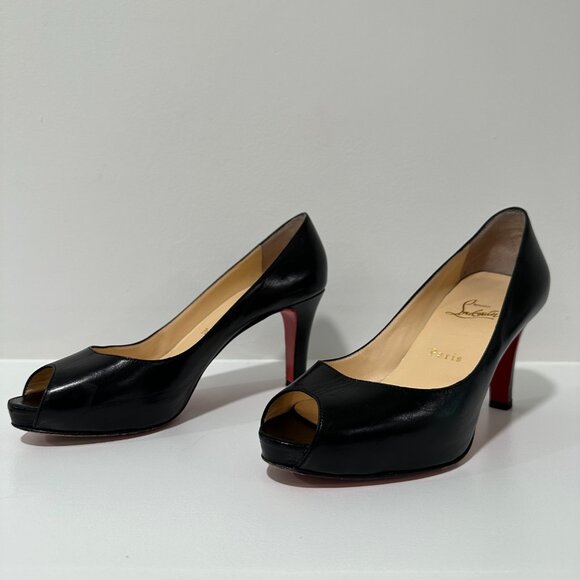 Christian Louboutin Black Leather Platform Peep Toe Heels Pumps Size 38.5 - Picture 2 of 16